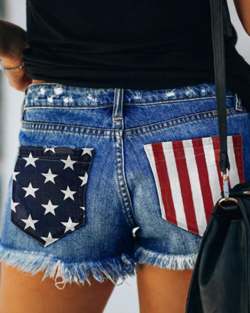 Independence Day Flag Print Ripped Fringe Hem Denim Shorts