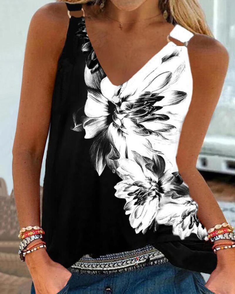 O-Ring Floral Print Colorblock Tank Top