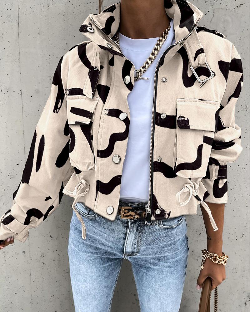 Abstract Print Long Sleeve Zip Up Biker Jacket