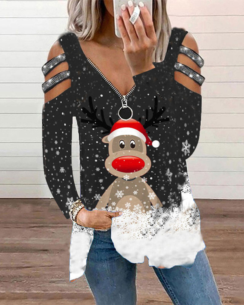 T-shirt & Tees Christmas Snowflake Elk Print Cold Shoulder Top