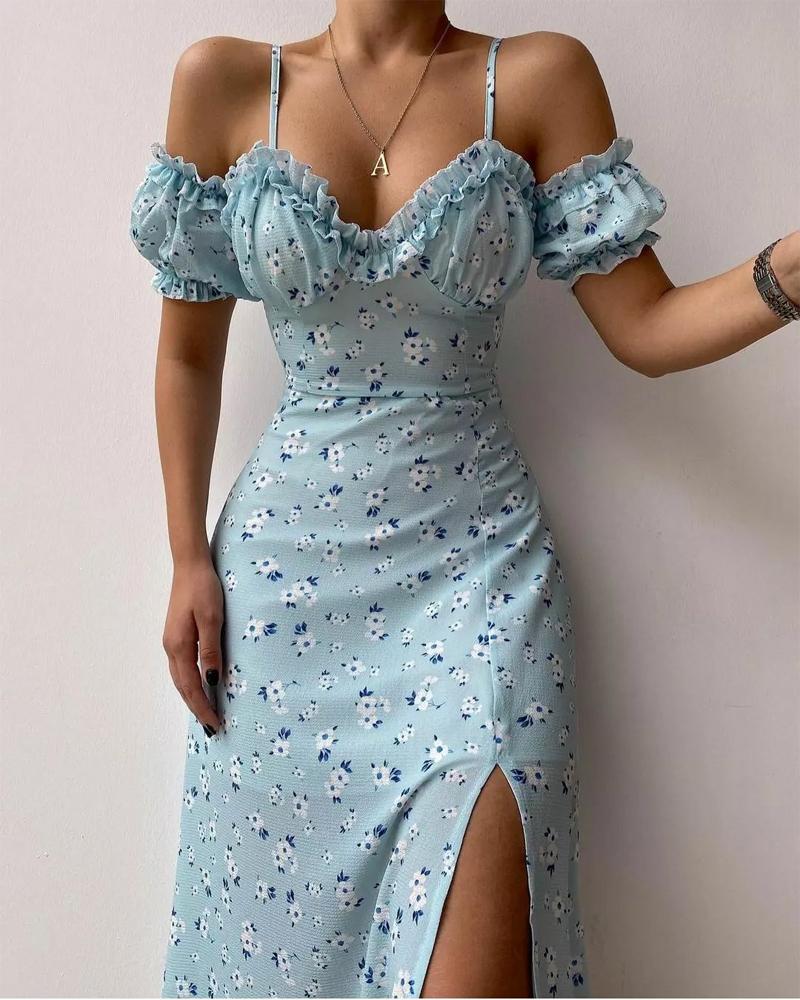 Print Dresses Ditsy Floral Print Cold Shoulder Frill Hem Slit Chiffon Dress