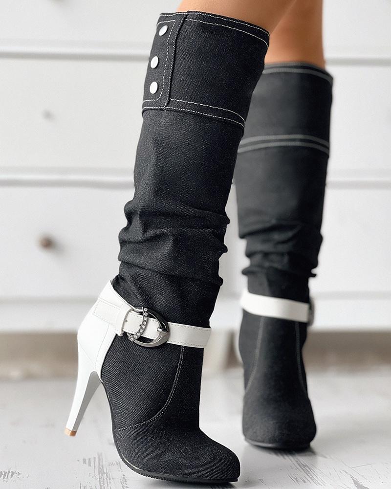 Denim Buckled Stiletto Heel Boots