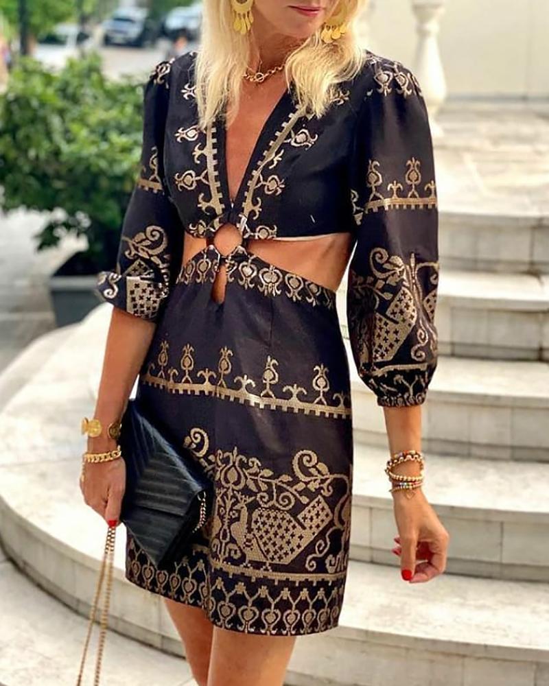 Cutout Waist O-Ring Tribe Print Dress