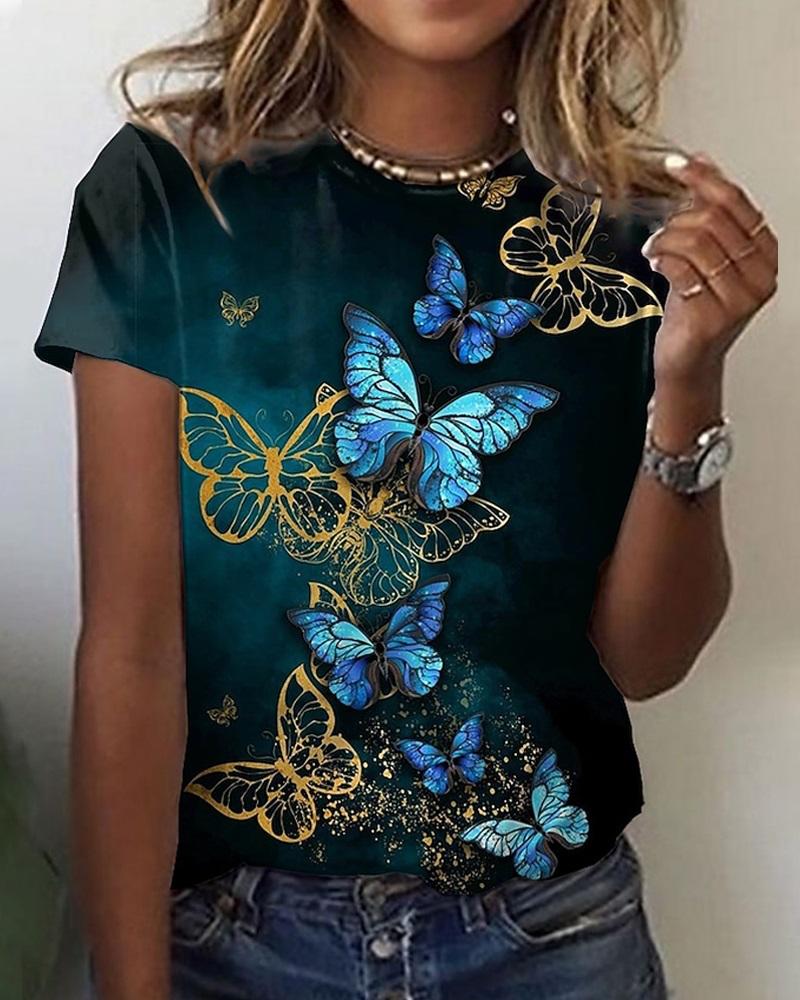 T-shirt & Tees Butterfly Print Round Neck Short Sleeve Casual T-shirt