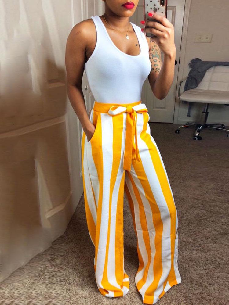 Contrast Striped Tie Waist Wide Leg Pants