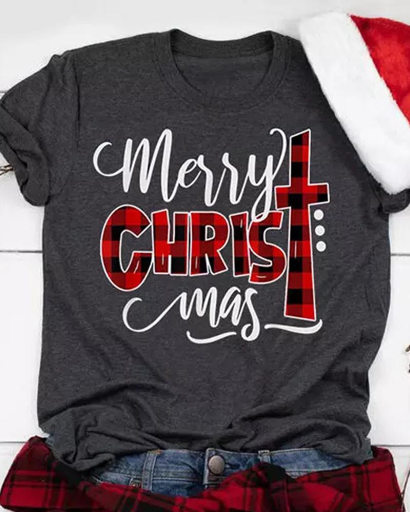 Christmas Letter Plaid Print Casual T-shirt
