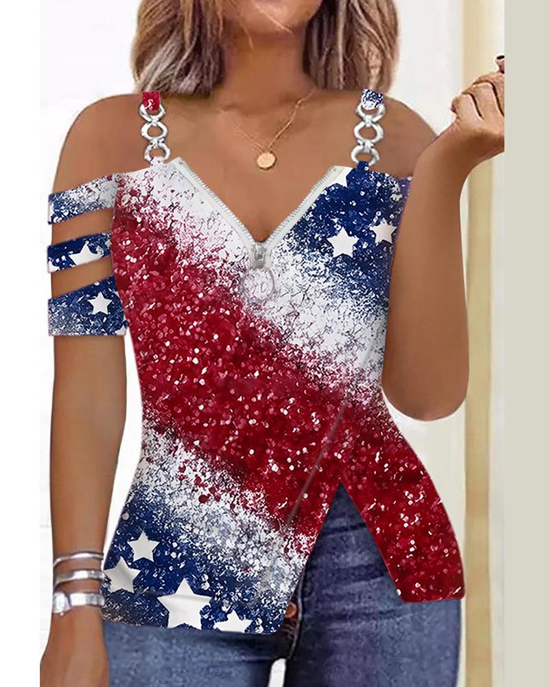 T-shirt & Tees Independence Day Flag Print Ombre Split Hem Cold Shoulder Top