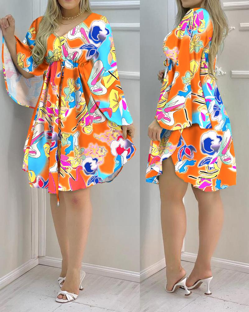 Print Dresses  ChicMe Allover Print Cloak Sleeve Drawstring Casual Dress