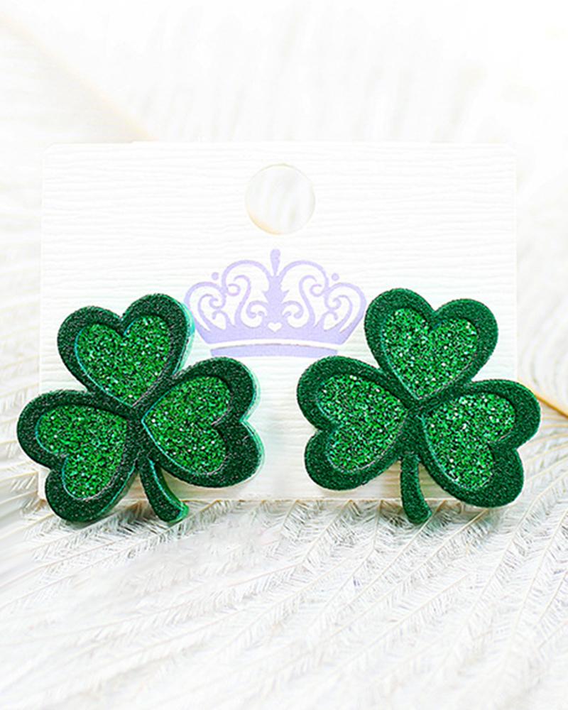 1Pair St. Patrick's Day Glitter Clover-shaped Earrings