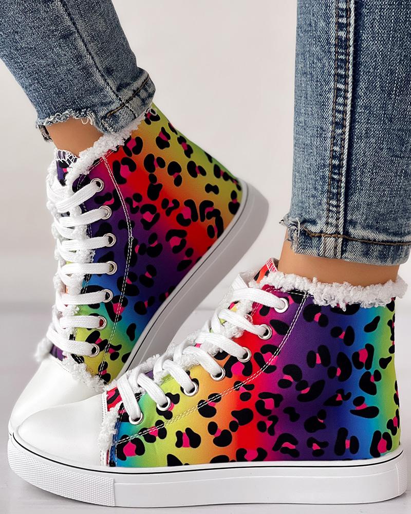 Rainbow Ombre Leopard Print Lace-up Lined Ankle Boots