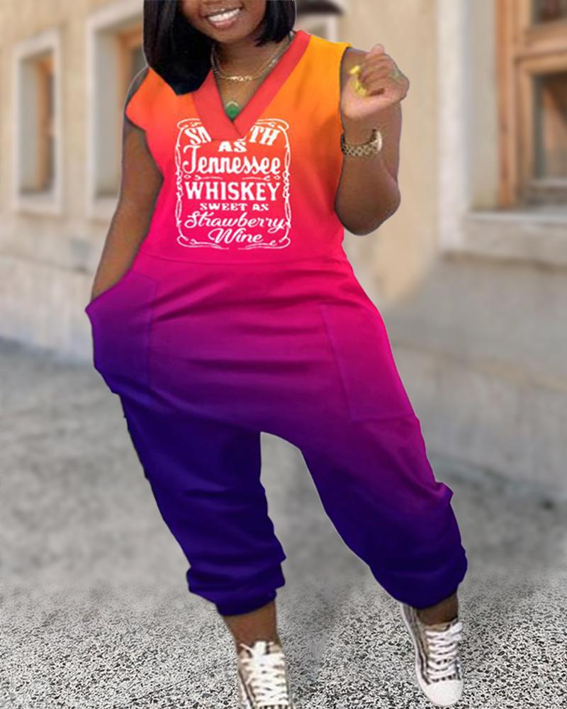 Jumpsuits&Rompers Plus Size Letter Print Ombre Pocket Design Jumpsuit