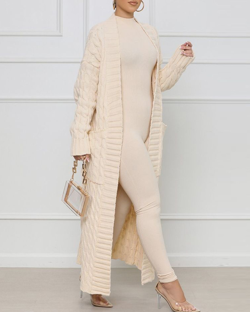 Pocket Design Cable Longline Knit Cardigan