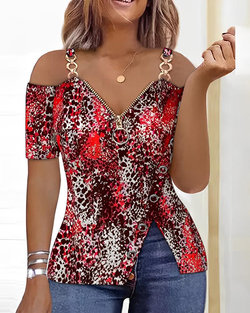 Leopard Print Zip Detail Split Hem Cold Shoulder Top