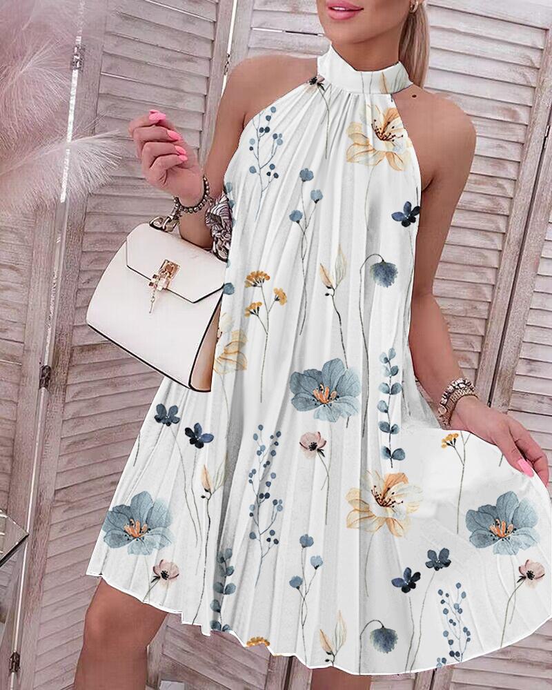 Print Dresses  ChicMe Floral Print Halter Casual Pleated Dress