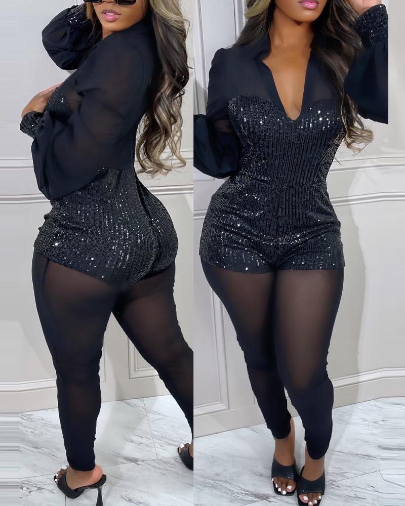 Contrast Sequin Long Sleeve Sheer Mesh Jumpsuit