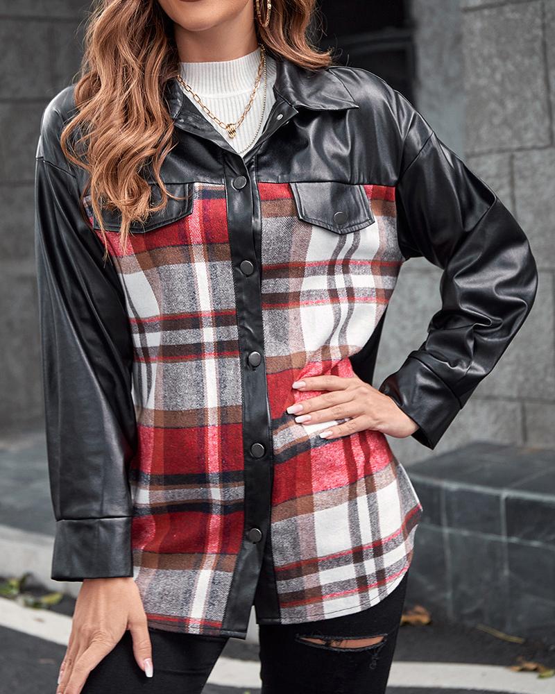 Plaid Print Buttoned PU Leather Patchwork Jacket