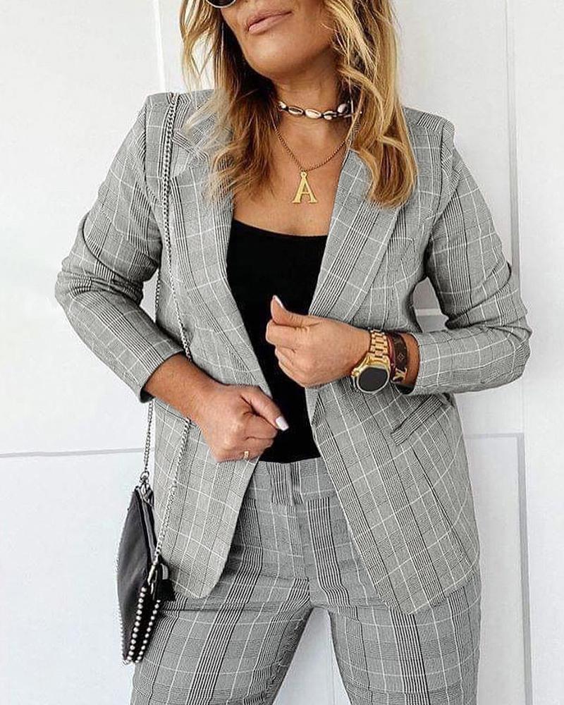 Plaid Print Buttoned Long Sleeve Blazer Coat