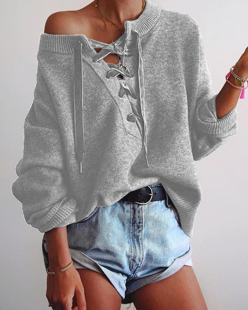 Solid Eyelet Lace-Up Elastic Hem Sweater