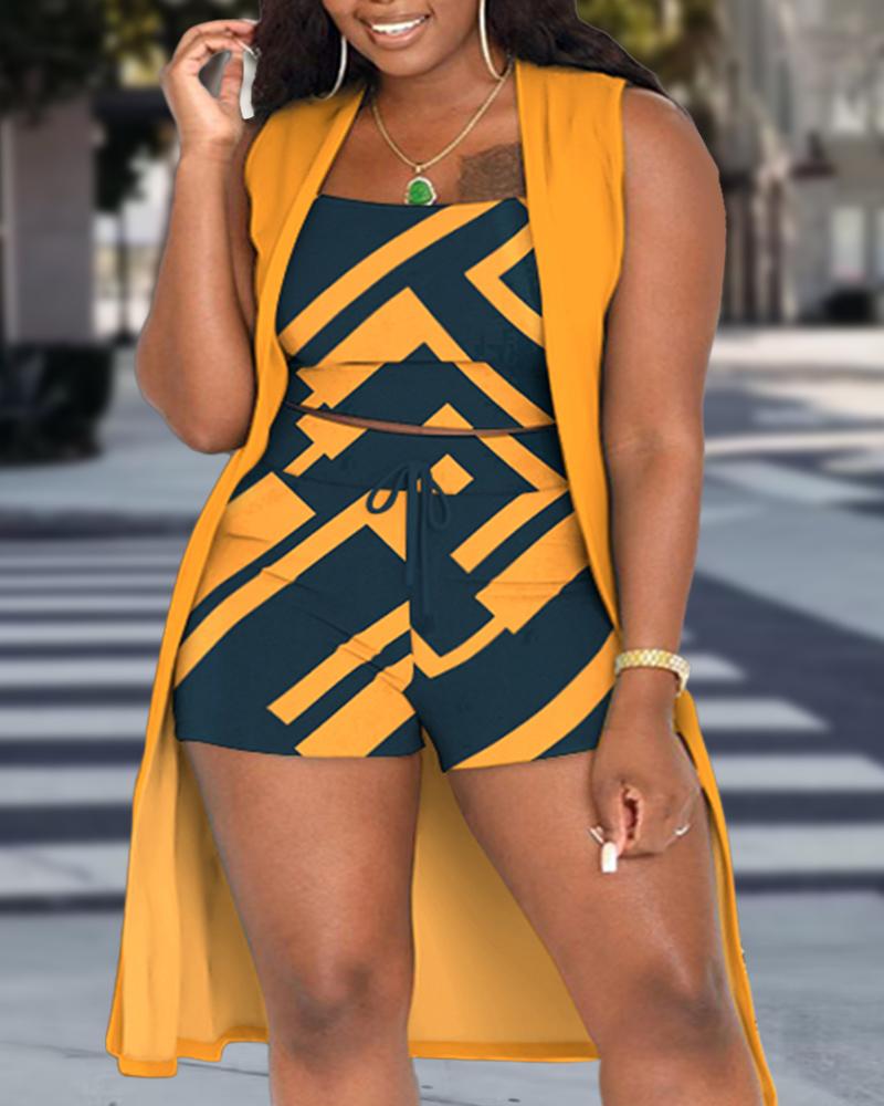 Plus Size 3PCS Geometric Print Ribbed Tank Top & Shorts Set With Vest Coat