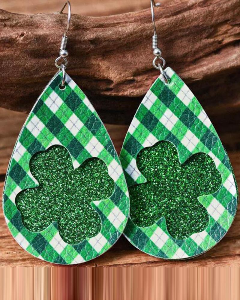 1Pair St. Patrick's Day Lucky Shamrock Clover Glitter Plaid Earrings