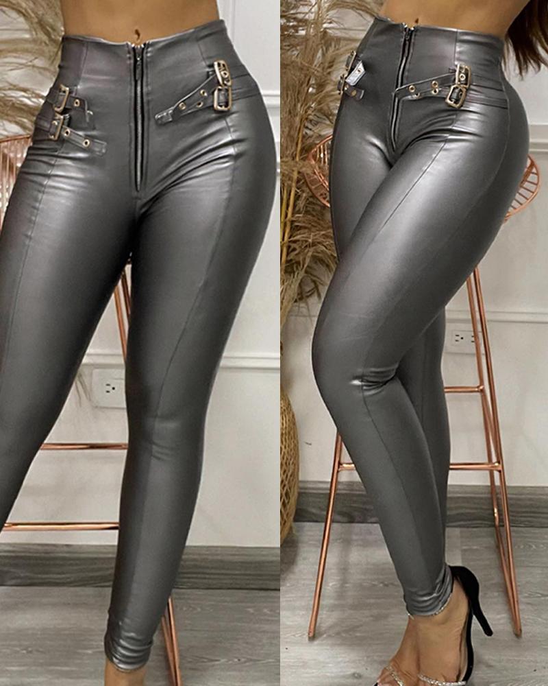 Eyelet Zipper Design Metallic Skinny Pants