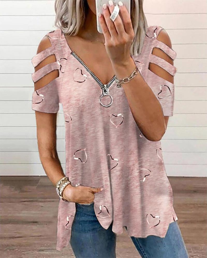 T-shirt & Tees  ChicMe Heart Print Ladder Cutout Zip Front Top