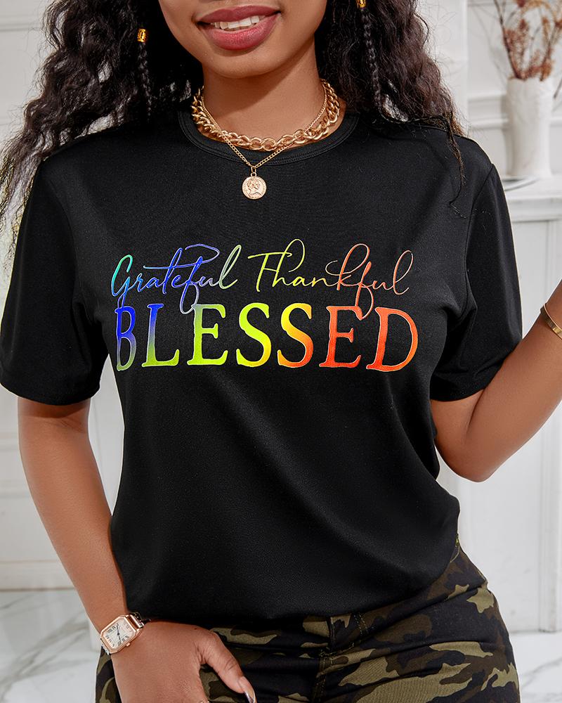 T-shirt & Tees Grateful Thankful Blessed Ombre Letter Print Casual T-shirt