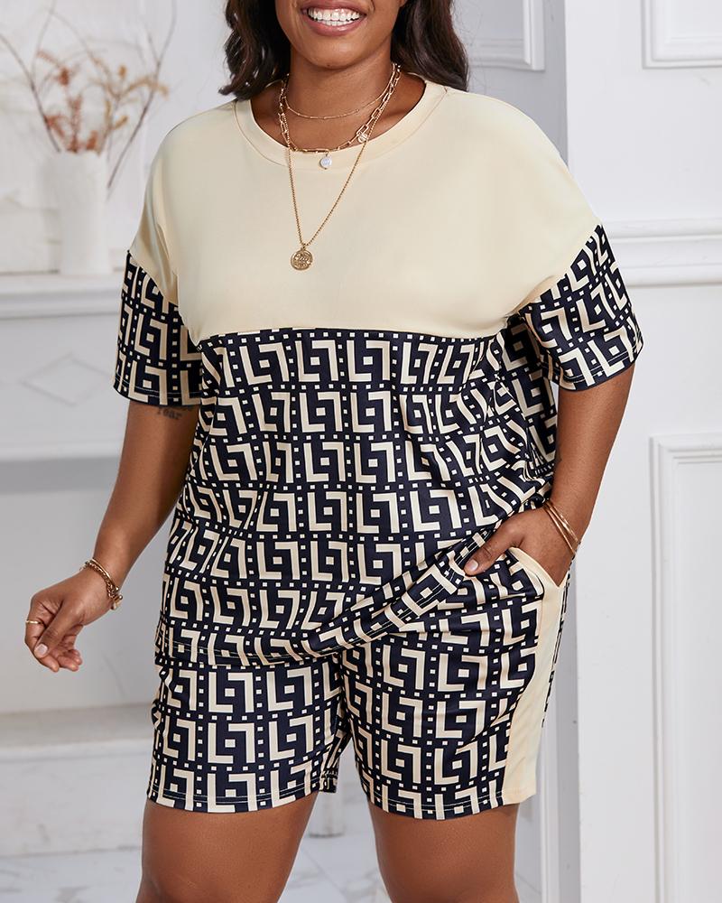 Plus Size Geometric Print Casual Top & Shorts Set