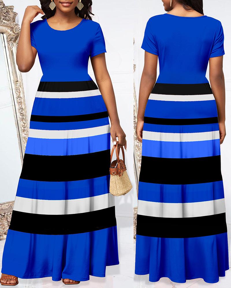 Striped Ruched Short Sleeve Maxi Dress