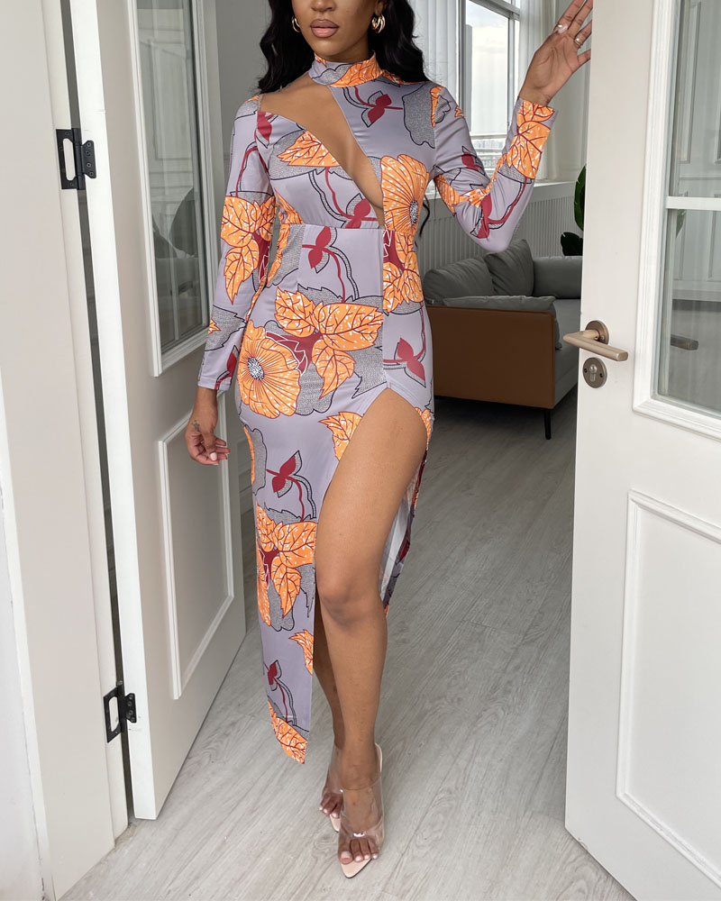 Floral Print Cutout Split Thigh Long Sleeve Maxi Dress