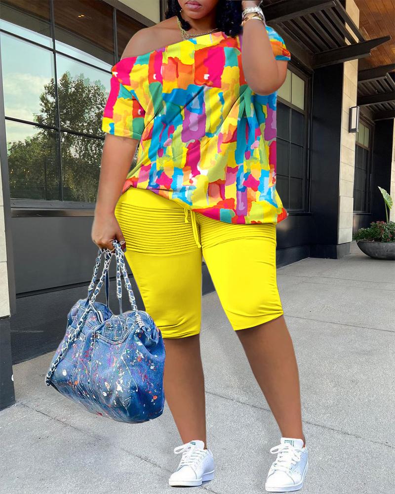 Plus Size Melting Colors All Over Print Skew Neck Top & Shorts Set