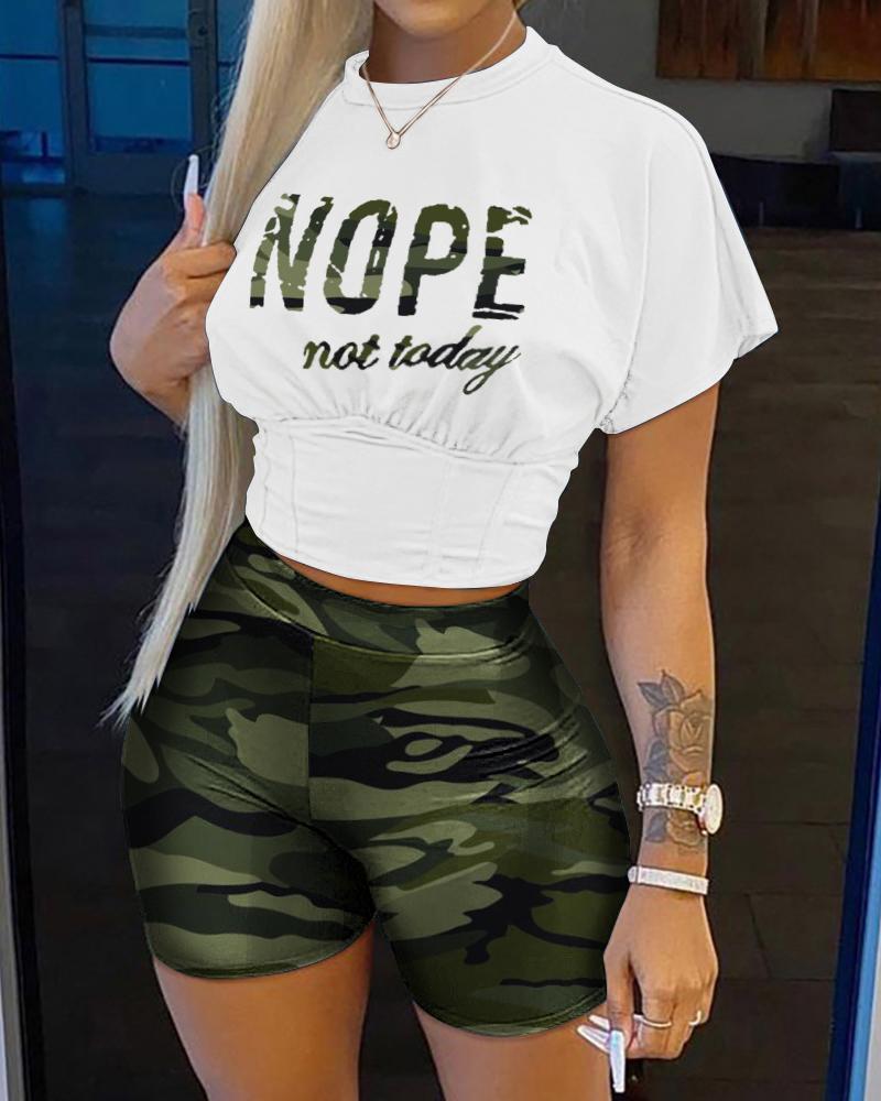 Nope Not Today Camo Print Corset Crop Top & Shorts Set