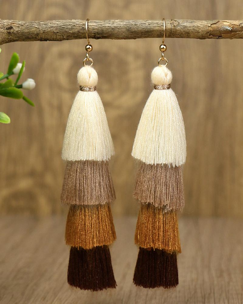 1Pair Colorblock Bohemian Layered Tassel Drop Earrings