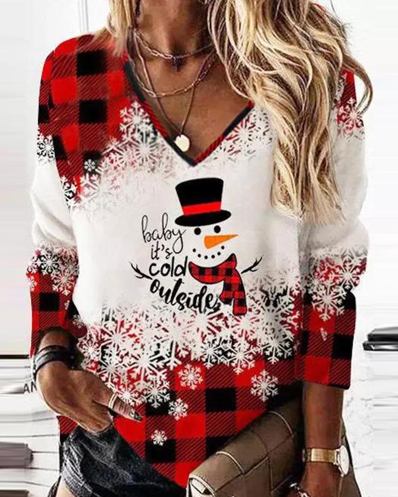 Christmas Snowman Snowflake Plaid Print Long Sleeve Top