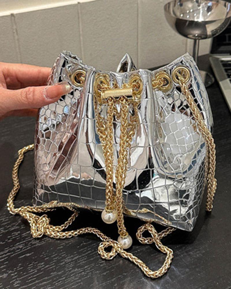 Crocodile Chain Drawstring Bucket Bag