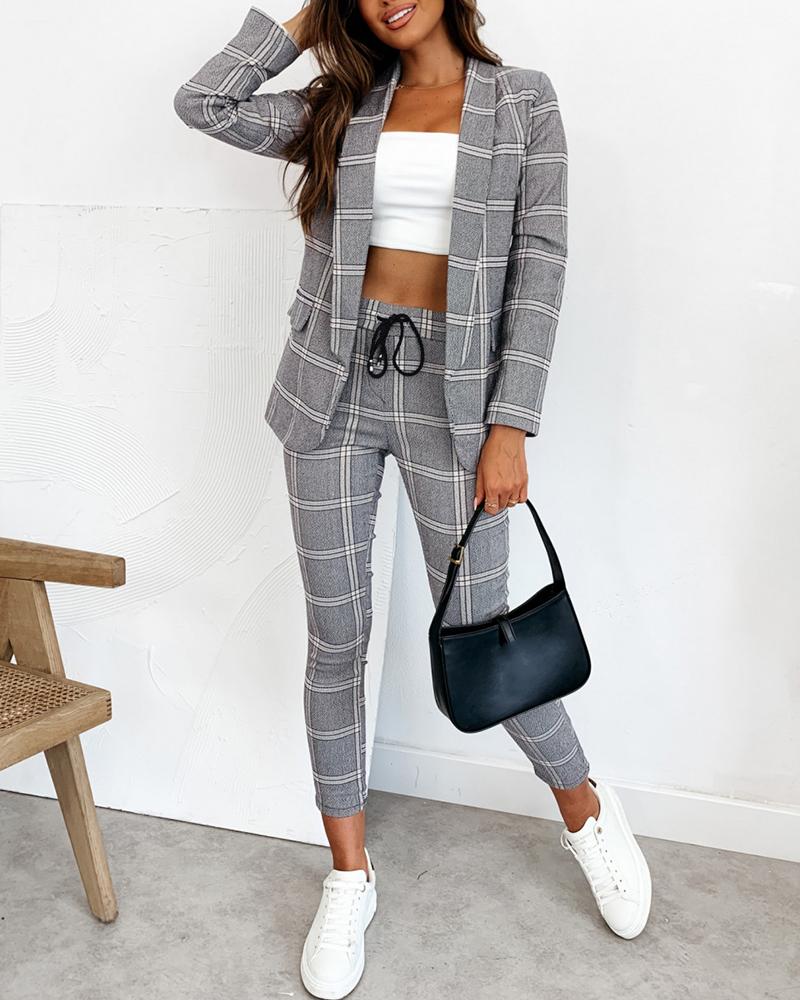 Plaid Print Shawl Neck Blazer Coat & Drawstring Pants Set