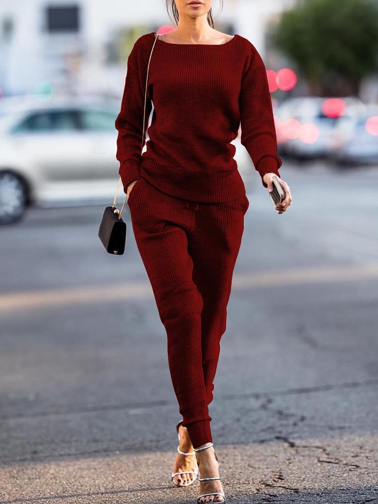 Fashion Autumn Solid Casual Knitted Suit Set