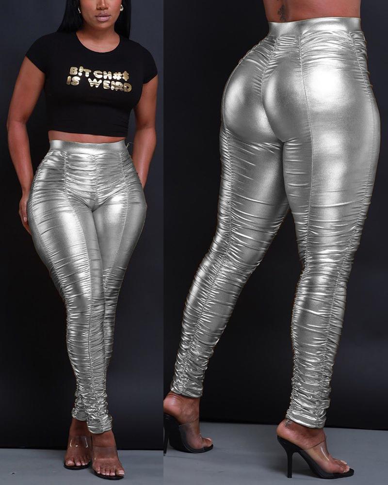 High Waist Ruched Metallic Skinny Pants