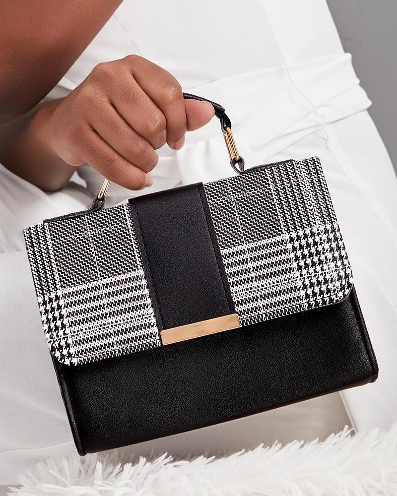 Colorblock Houndstooth Pattern Flap Magnetic Shoulder Bag