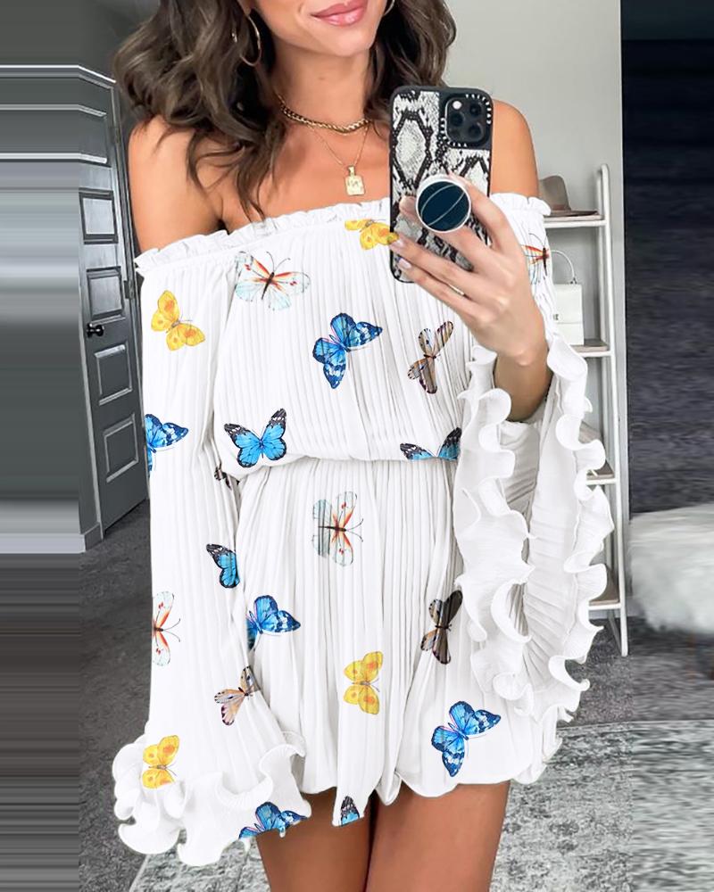 Print Dresses Butterfly Print Off Shoulder Bell Sleeve Frill Hem Dress