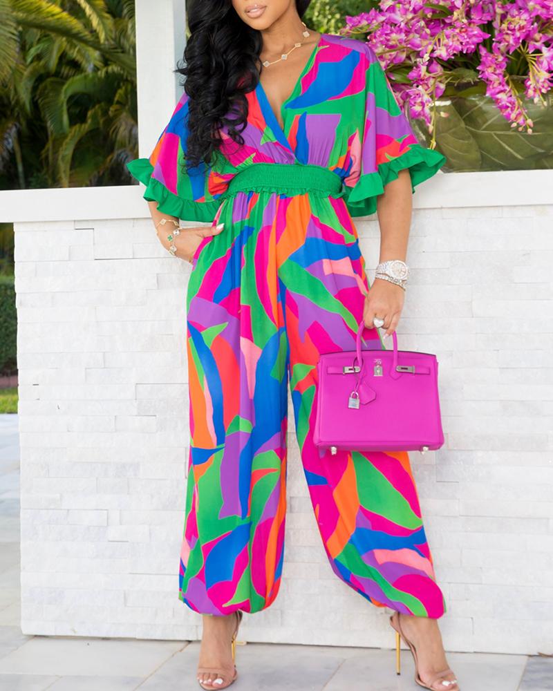 Abstract Print Bell Sleeve Cuffed Jumpsuit