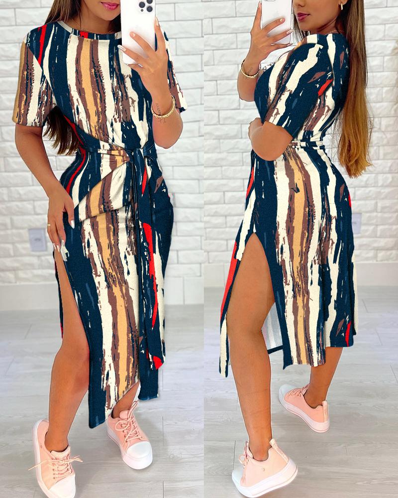 Casual Dresses  ChicMe Abstract Print Striped Ombre Knotted Casual Dress