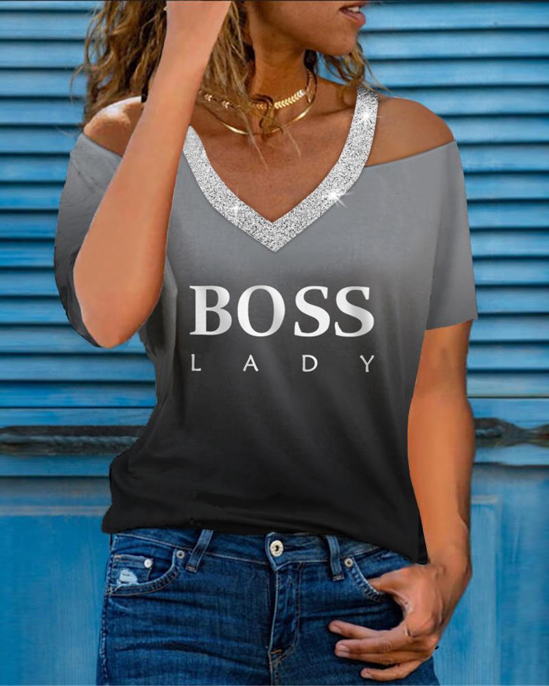 Cold Shoulder Rhinestone Letter Print Short Sleeve Top