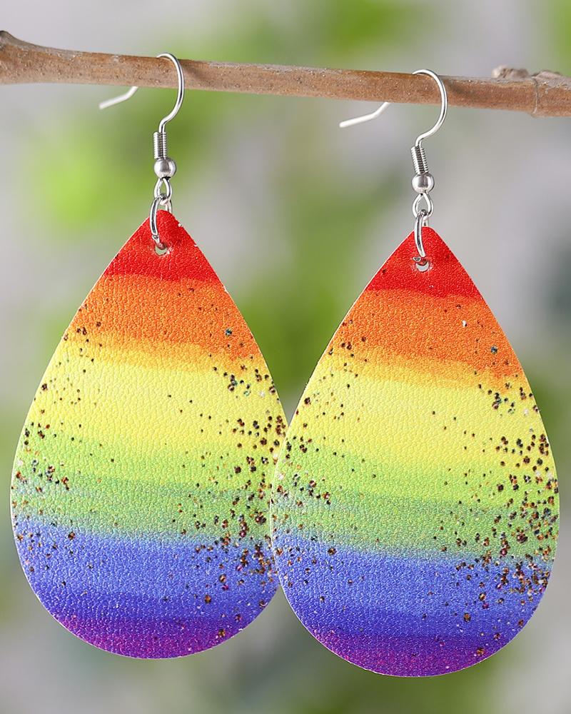 1Pair Rainbow Stripe Print Water Drop Hook Earrings