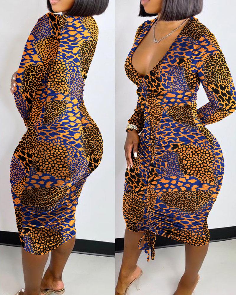 Leopard Print Drawstring Ruched Bodycon Dress