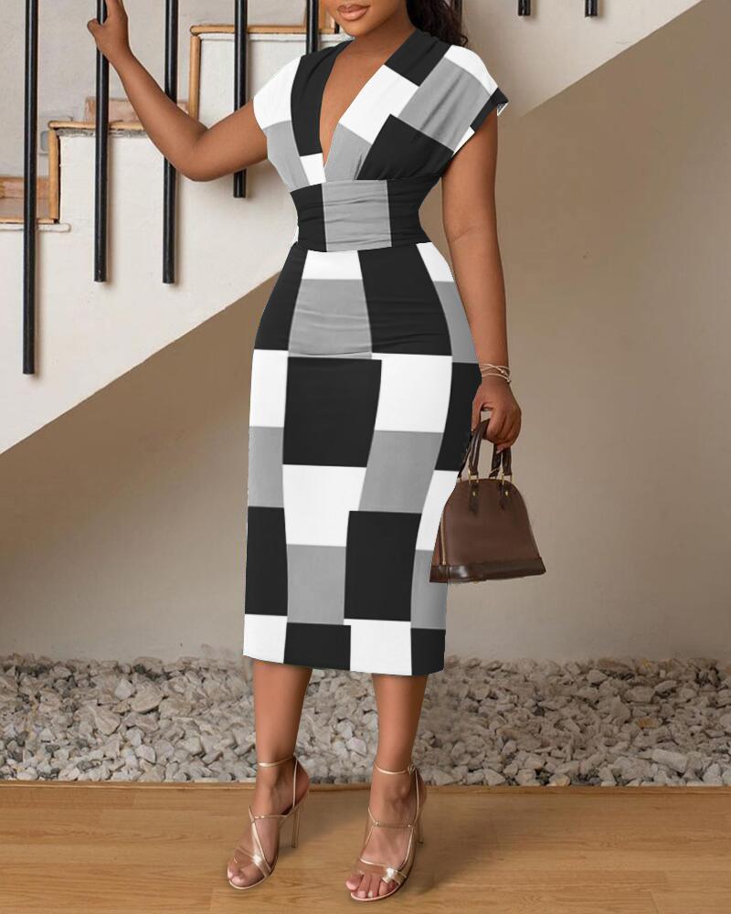 Geometric Print Colorblock Cap Sleeve Midi Dress