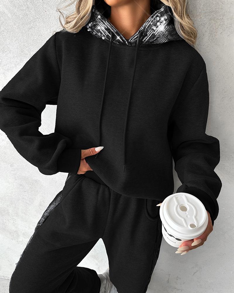 Contrast Sequin Hooded Sweatshirt & Pocket Design Sweatpants Set