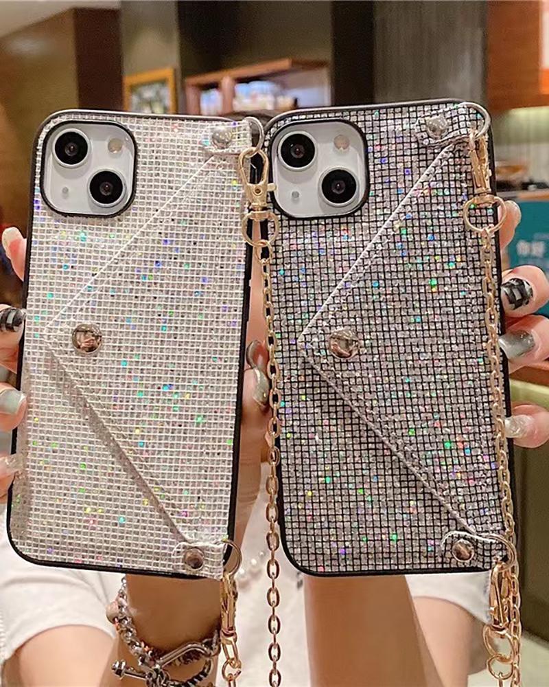 Rhinestone Card Holder iPhone Case With Chain