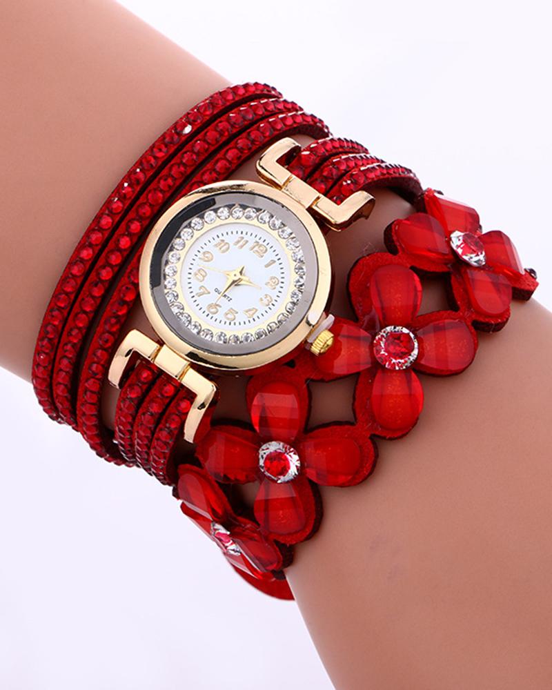 Watches 1pc Rhinestone Floral Pattern Stackable Bangle Quartz Watch