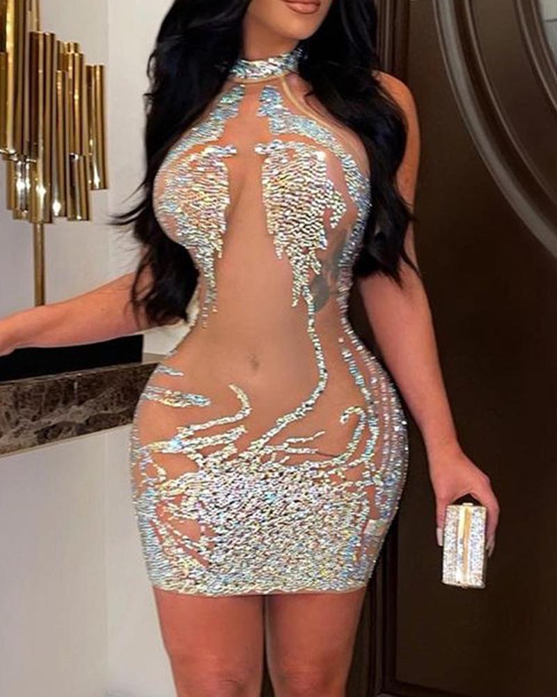 Bodycon Dresses Sheer Mesh Contrast Rhinestone Bodycon Dress